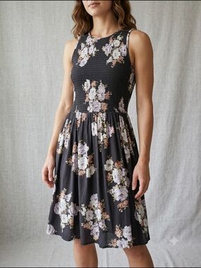 Loft Floral Tank Dress - Black with Lavender & Cream Flowers